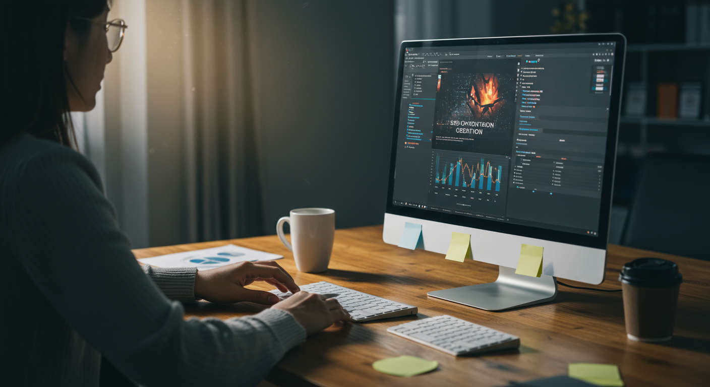 Automated SEO content creation on WordPress platform with AI writing and optimisation features in a digital workspace