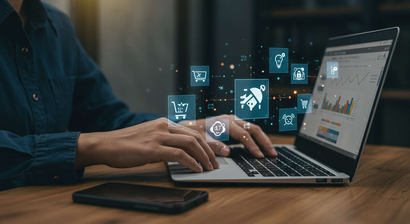 Small business owner using laptop with Shopify dashboard and AI virtual assistant icons representing AI inventory management automation