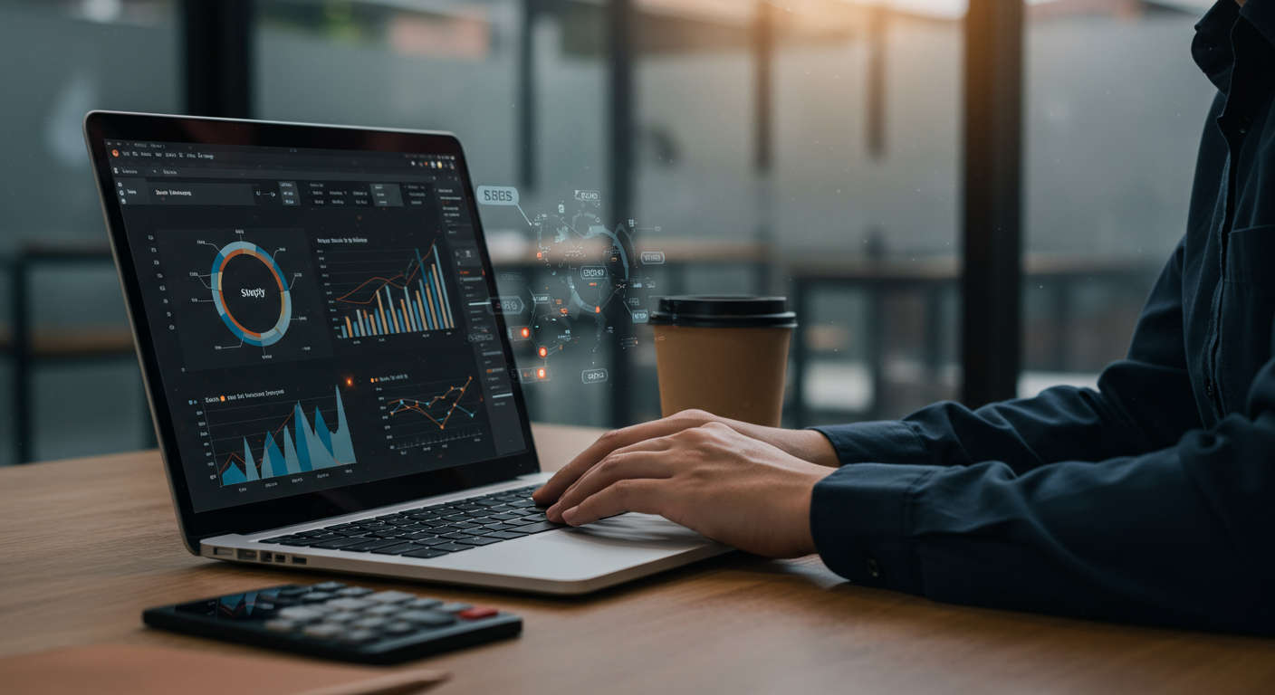 Small business owner using AI-powered inventory management on Shopify with digital sales and stock data on laptop