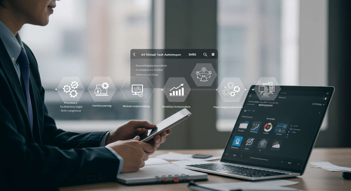 AI virtual employee platform dashboard showing autonomous task automation for SMBs with machine learning and real-time data synchronisation icons