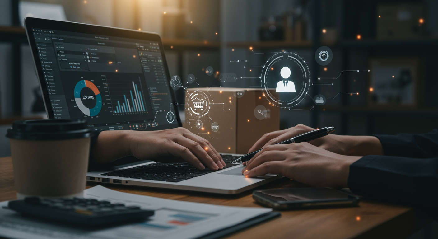 Small business owner using a laptop to automate Shopify inventory with AI virtual employee in a modern e-commerce workspace