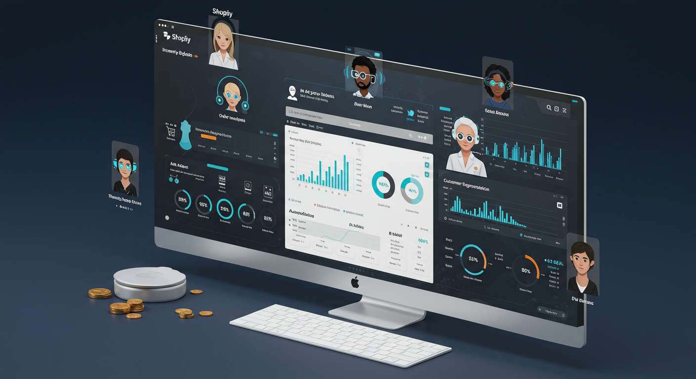 Shopify store dashboard with AI agents automating inventory updates, order monitoring, customer segmentation, and sales trend analysis, futuristic and clean interface design