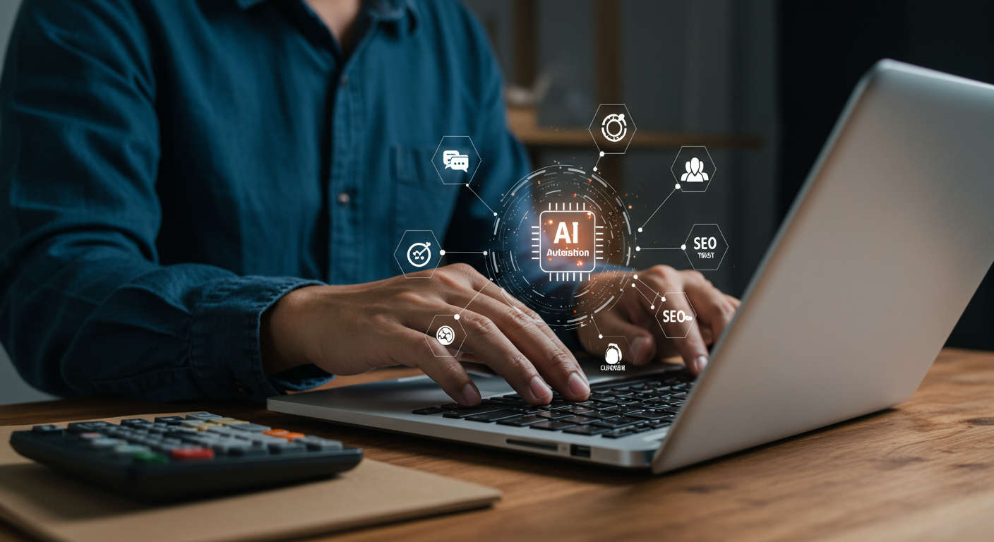 A small business owner using AI automation tools on a laptop, surrounded by icons representing marketing efficiency, SEO, and customer trust, in a modern office setting