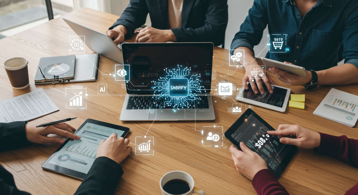 Small business owners using laptops and tablets with digital icons representing AI, Shopify, inventory, and sales growth in a modern ecommerce setting