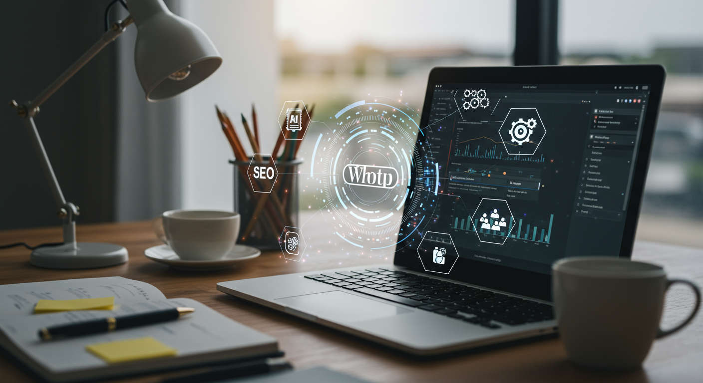 Modern workspace with laptop showing WordPress dashboard and digital icons for AI, SEO, keyword research, and automation representing content creation for small businesses