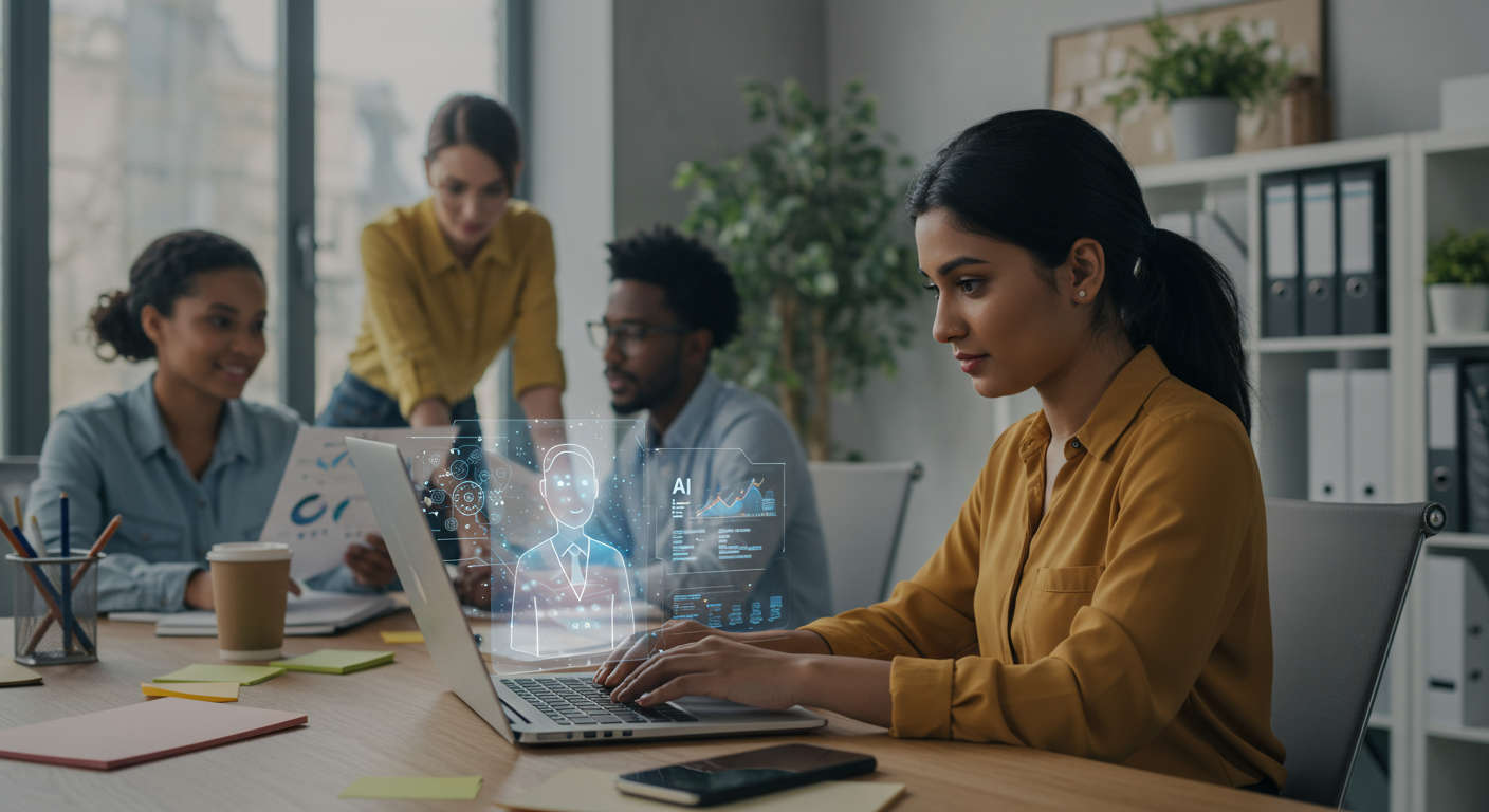 Small business owner using AI virtual employee on laptop, email marketing automation, digital marketing concept, modern office environment, diverse team