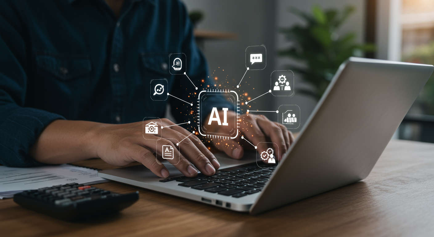 Small business owner using AI automation tools on a laptop, surrounded by icons representing scheduling, customer communication, invoicing, and data management, in a local service business setting