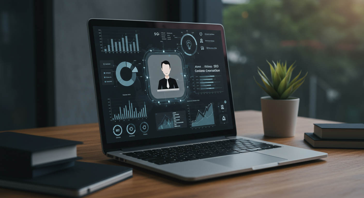 An AI virtual employee automating SEO content creation on a laptop screen with graphs and keyword research visuals in a small business environment