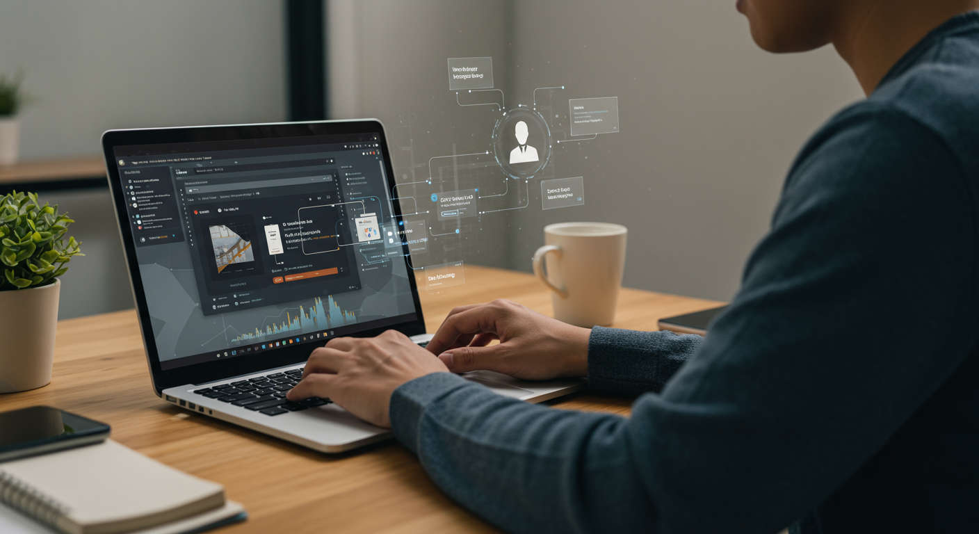 Small business owner using AI virtual employee on laptop with WordPress and Shopify plugins, digital marketing automation, SEO content creation, lead generation