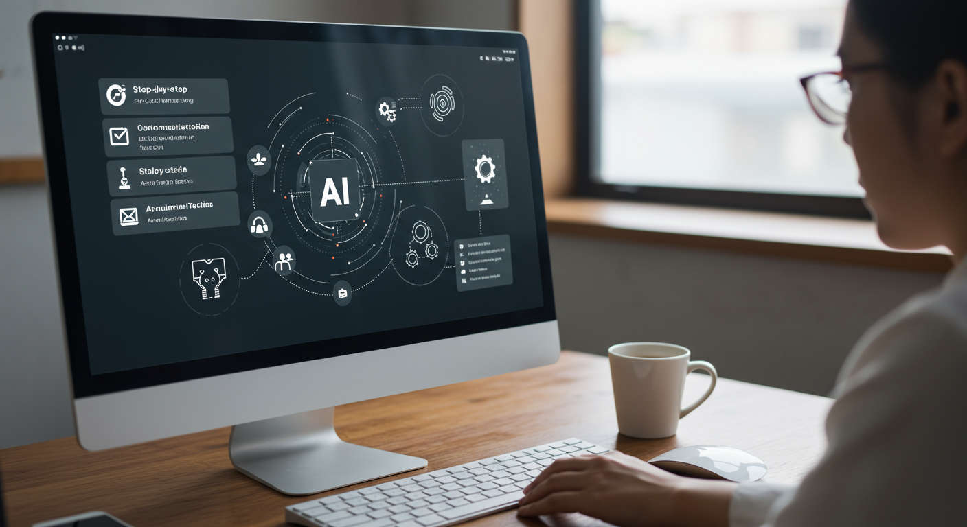 Step-by-step no-code AI training workflow on a computer screen showing easy customisation and automation tasks for small business