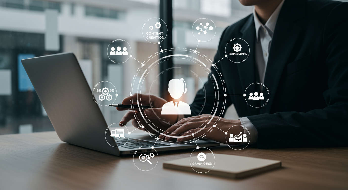 A small business owner training an AI virtual employee on a laptop, with icons representing content creation, customer support, and workflow automation around them, modern office setting