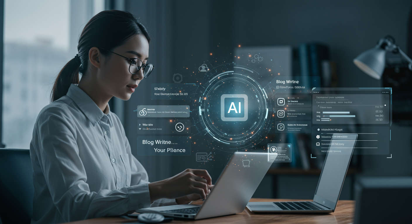 An AI virtual employee working autonomously on content creation and publishing for WordPress and Shopify, with digital interface elements showing keyword research, blog writing, and scheduling tasks