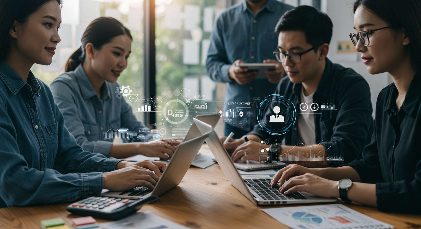 Diverse small business owners and startup entrepreneurs using AI technology for digital marketing automation and SEO content creation in a modern office setting