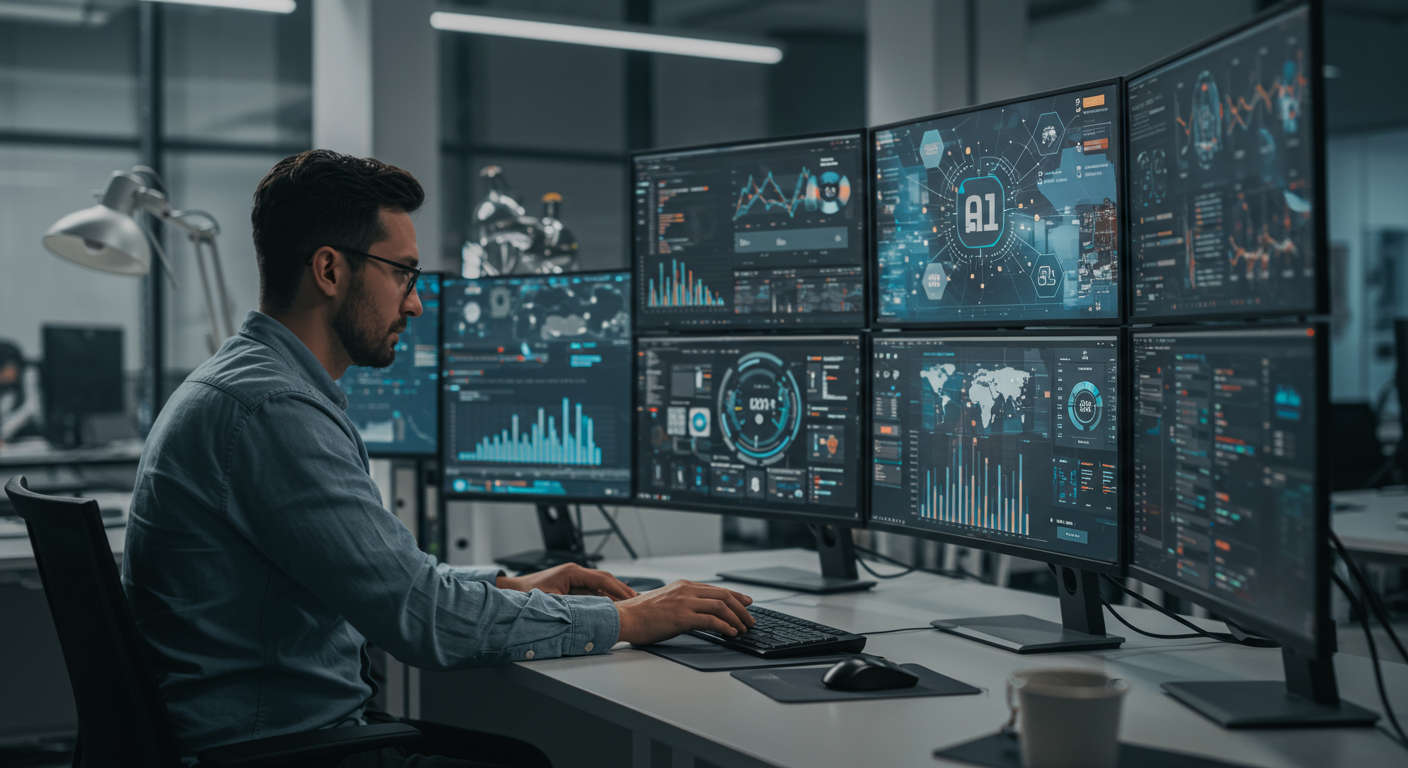 A modern office setting showing a small business owner using no-code AI automation tools on multiple screens, with digital workflow builders and AI agents working in the background, futuristic and professional style