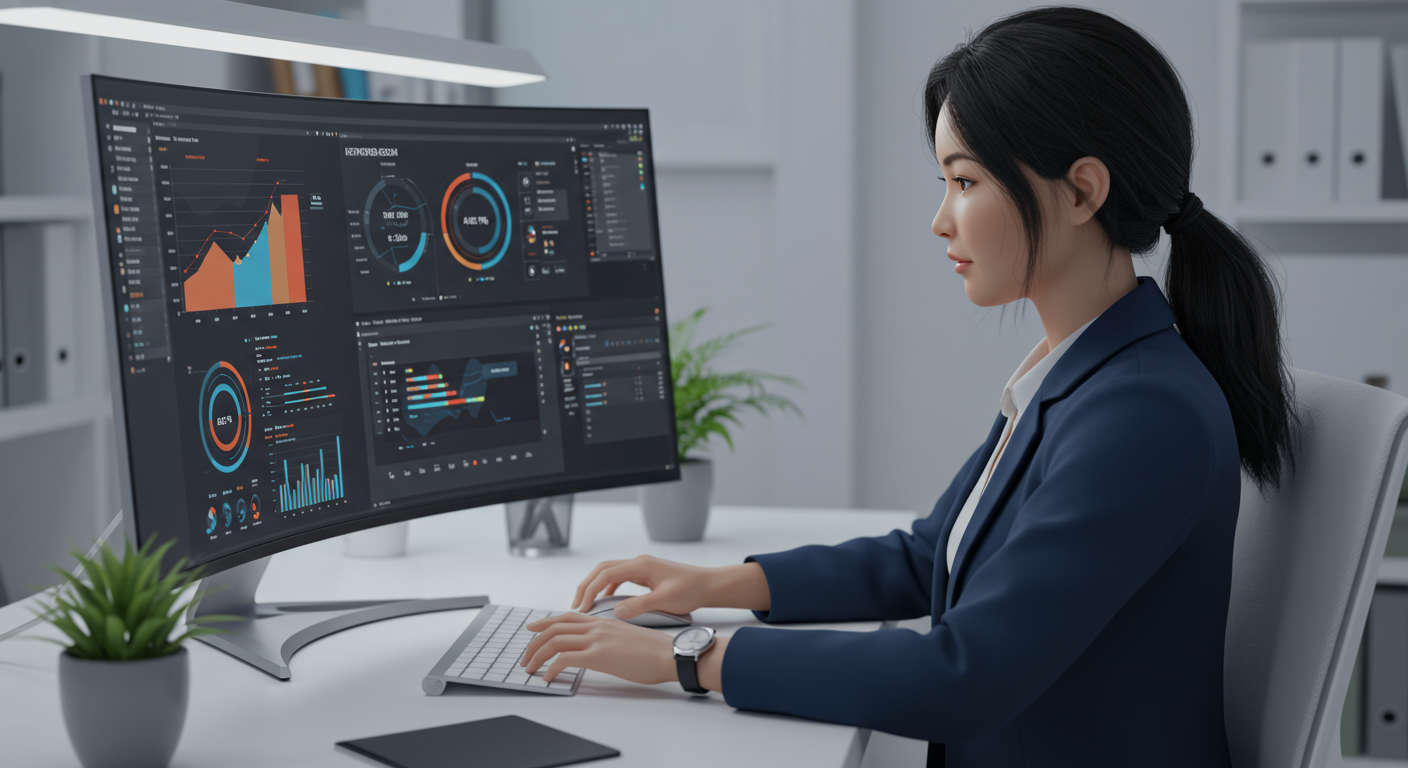 AI virtual employee working on SEO tasks, analysing data, keyword research, content creation, digital marketing environment, modern office setup
