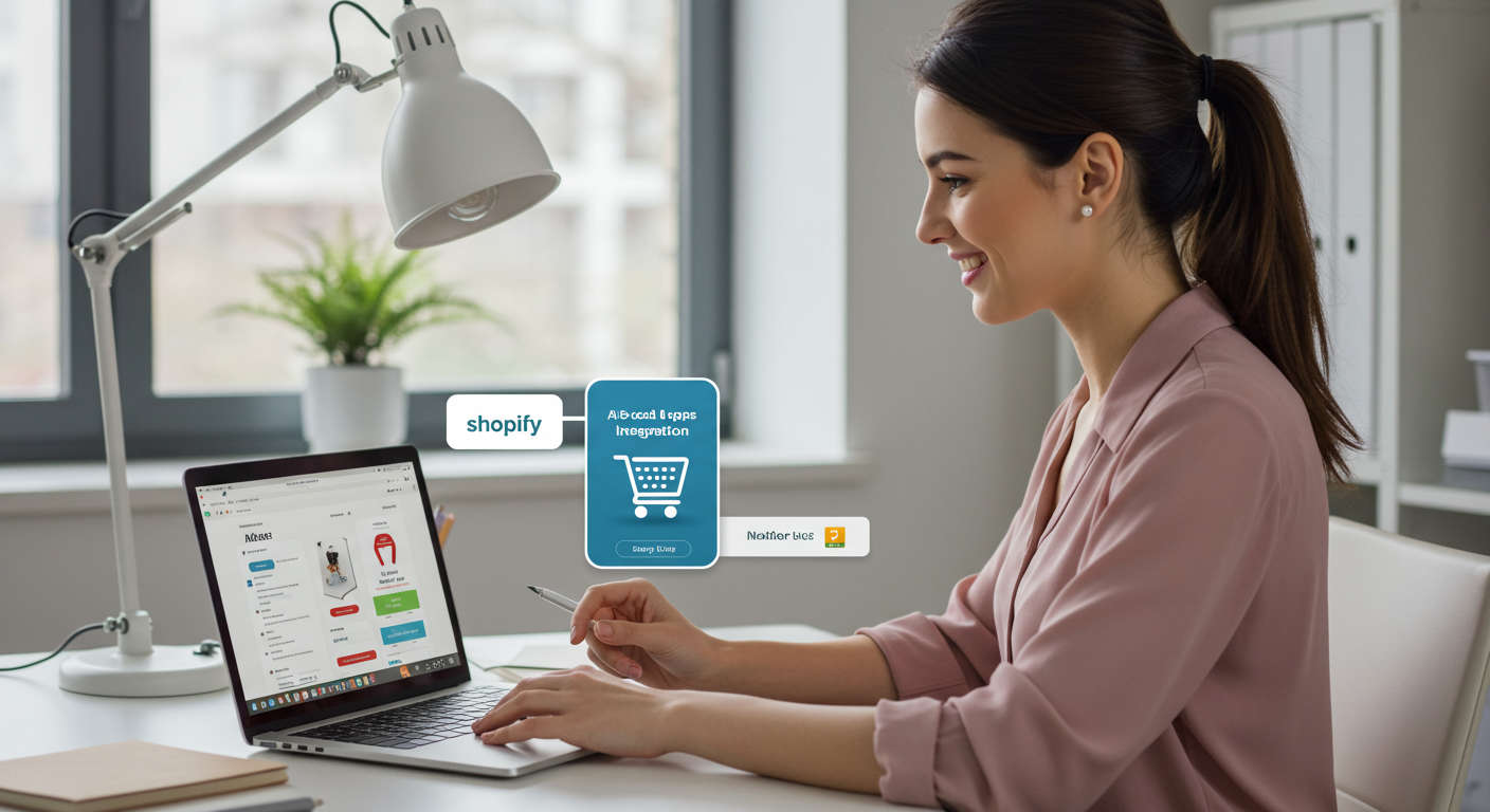 Shopify store owner installing an AI app on their laptop, showing a seamless no-code integration experience with Shopify interface, modern and user-friendly environment