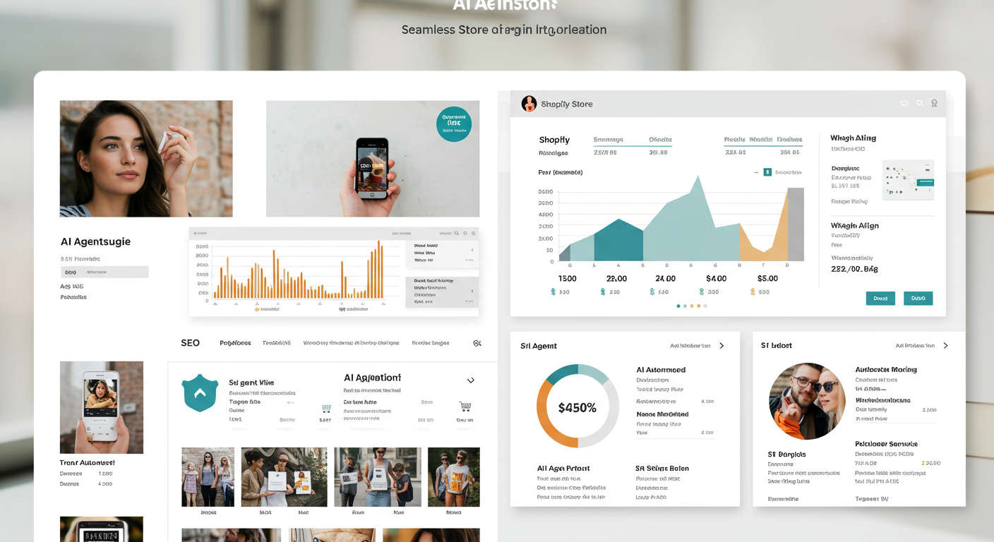 Shopify store dashboard showing AI agent plugin integration, with product listings and SEO metrics visible, modern and clean interface
