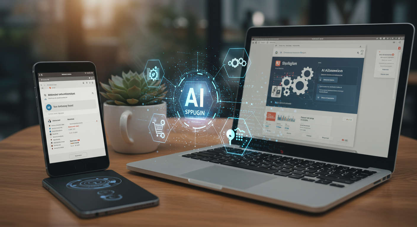 Modern digital workspace with laptop and smartphone displaying WordPress and Shopify interfaces, surrounded by AI automation icons and futuristic holographic elements symbolising affordable AI plugins for SMBs and startups.