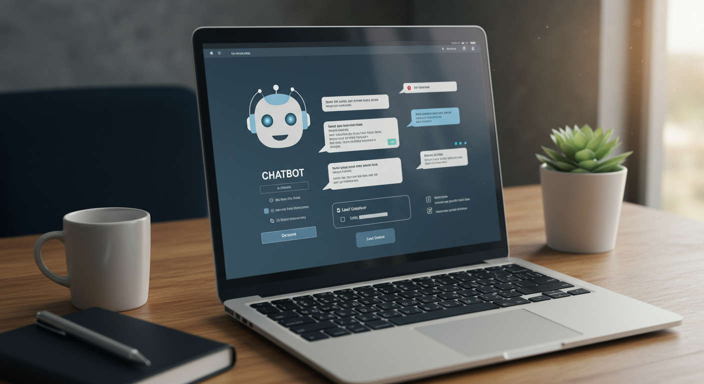 AI chatbot interacting with website visitors on a laptop screen, real-time lead capture, friendly chatbot interface, small business website, digital marketing concept