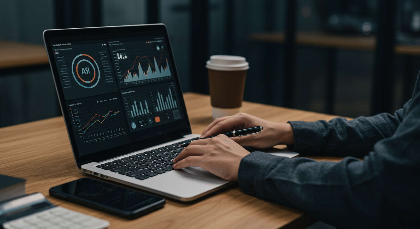 Small business owner using AI-powered competitor analysis tools with charts and data visualisations on laptop in modern office