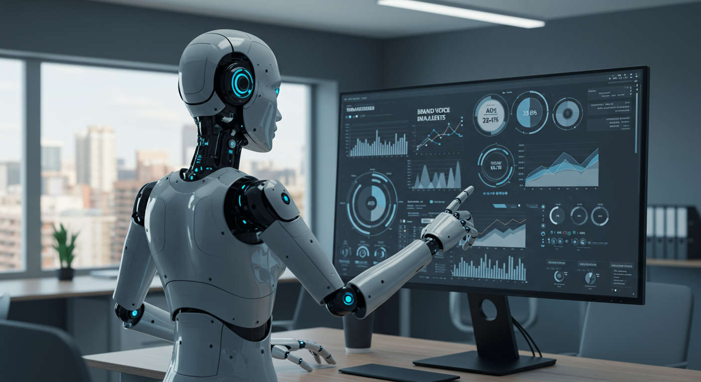 A professional AI virtual employee analysing business data and brand voice on a computer screen in a modern office environment