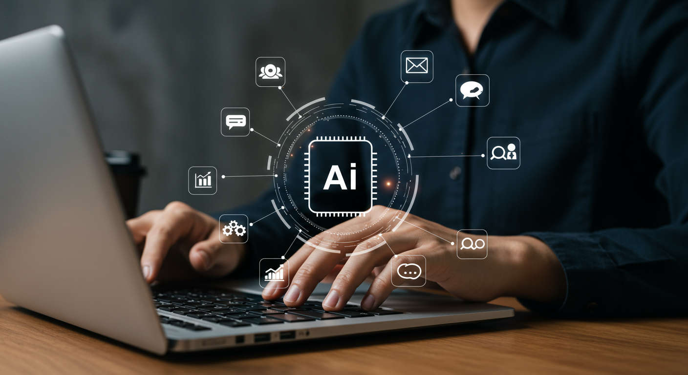Ecommerce small business owner using AI content automation tools on a laptop, surrounded by icons representing SEO-friendly product descriptions, marketing emails, social media posts, and FAQs, vibrant and modern style