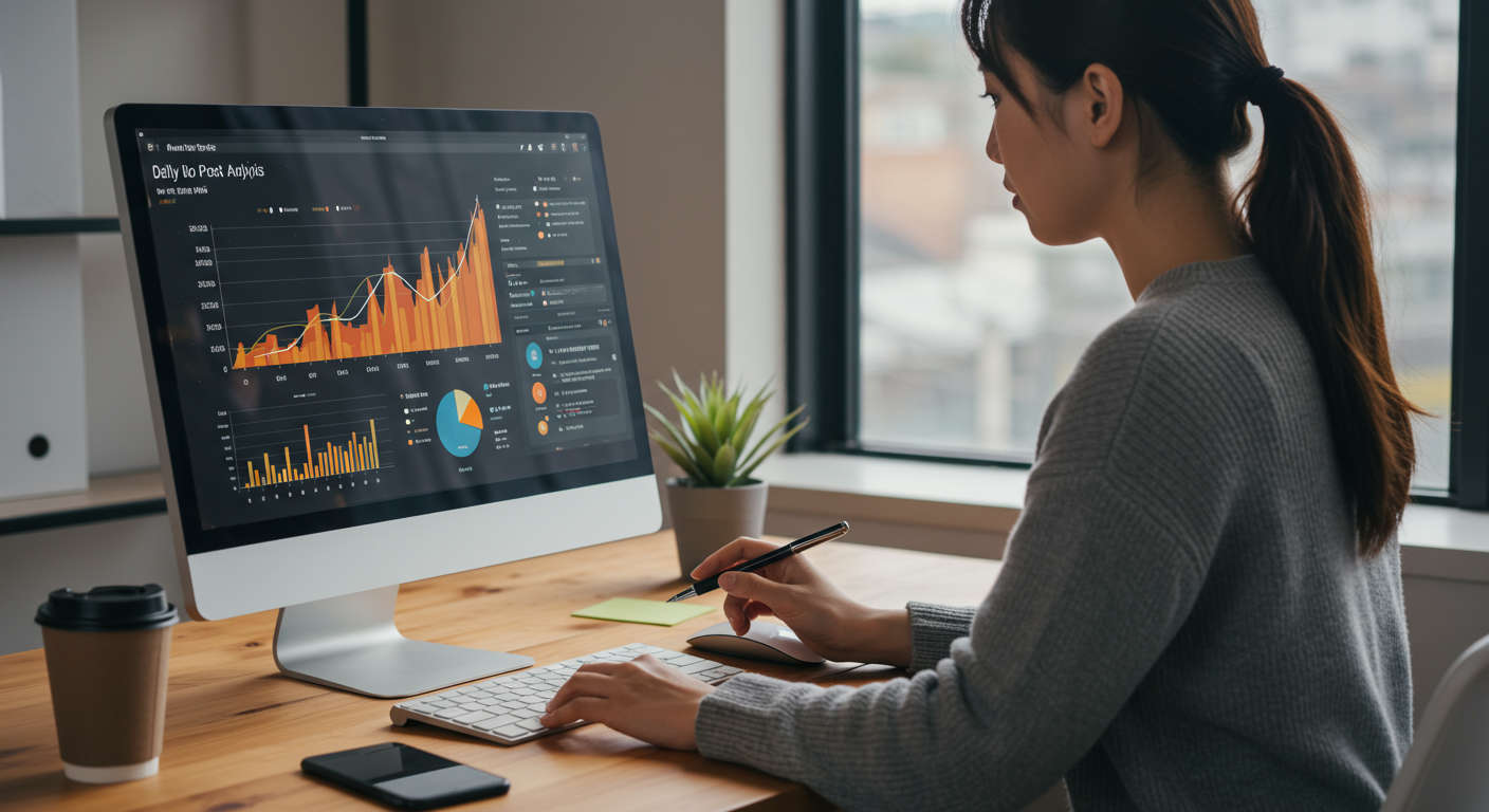 Small business owner reviewing daily SEO blog post analytics on a computer screen with organic traffic growth charts and keyword research visuals