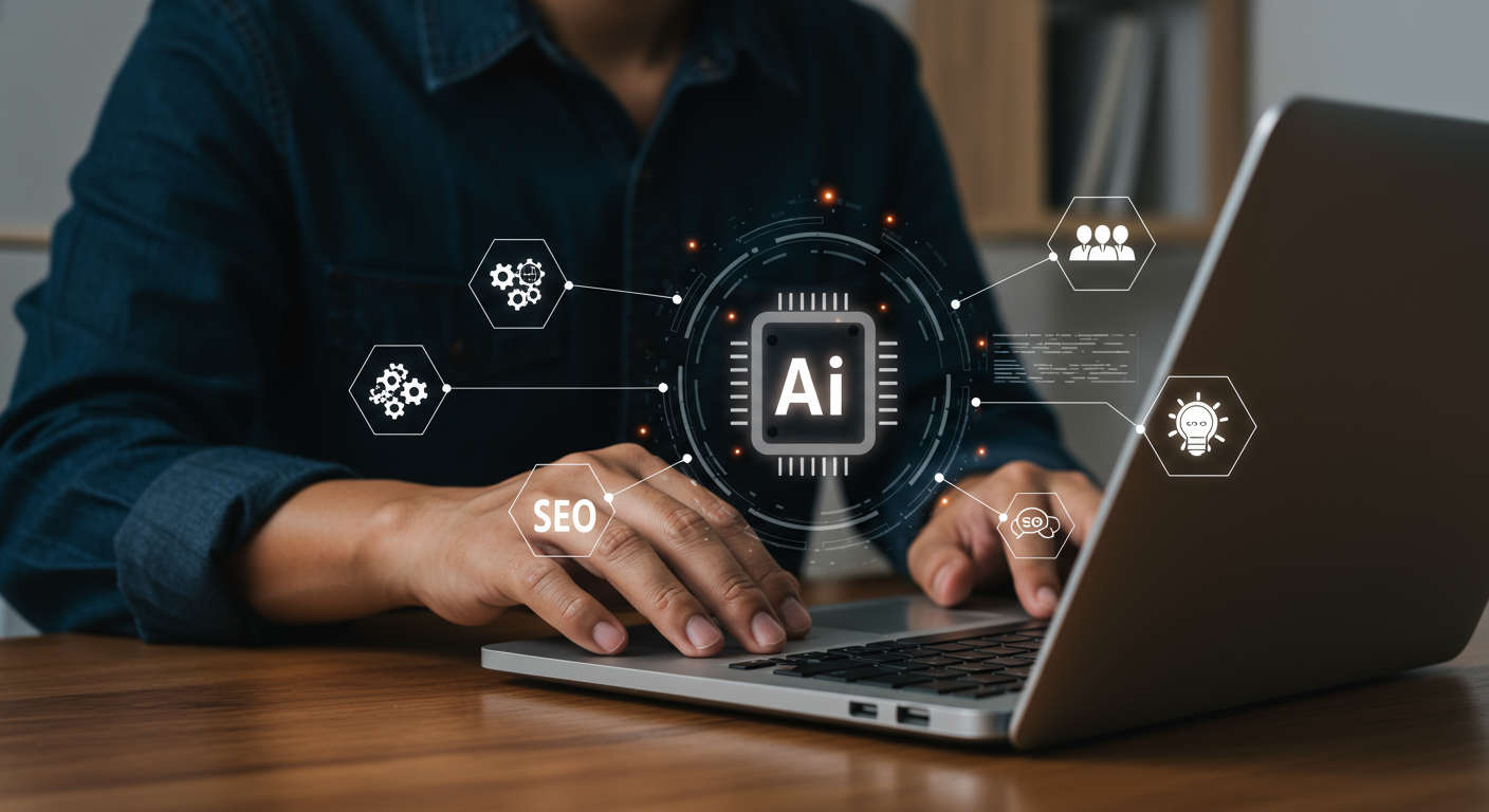 A small business owner using AI virtual employee software on a laptop, with digital icons representing automation, SEO, and content publishing around them, modern office background