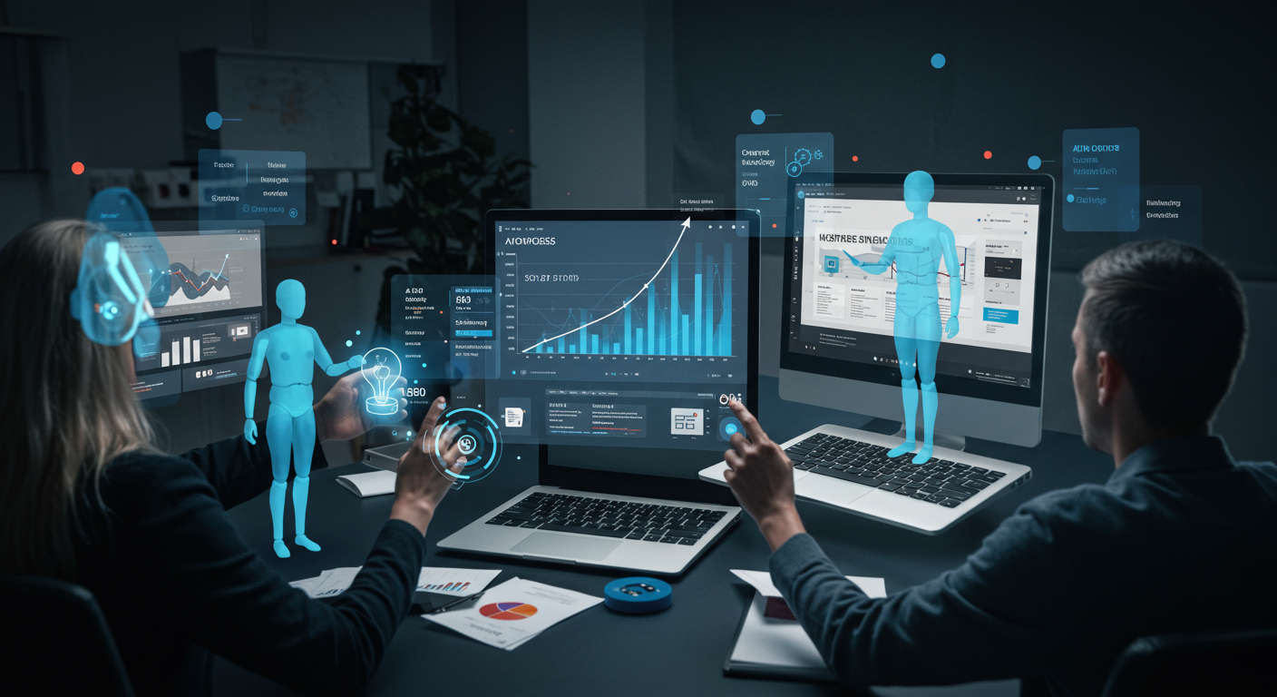 AI agents autonomously publishing SEO content on WordPress and Shopify platforms, with graphs showing organic traffic growth, diverse business sectors like ecommerce and local services