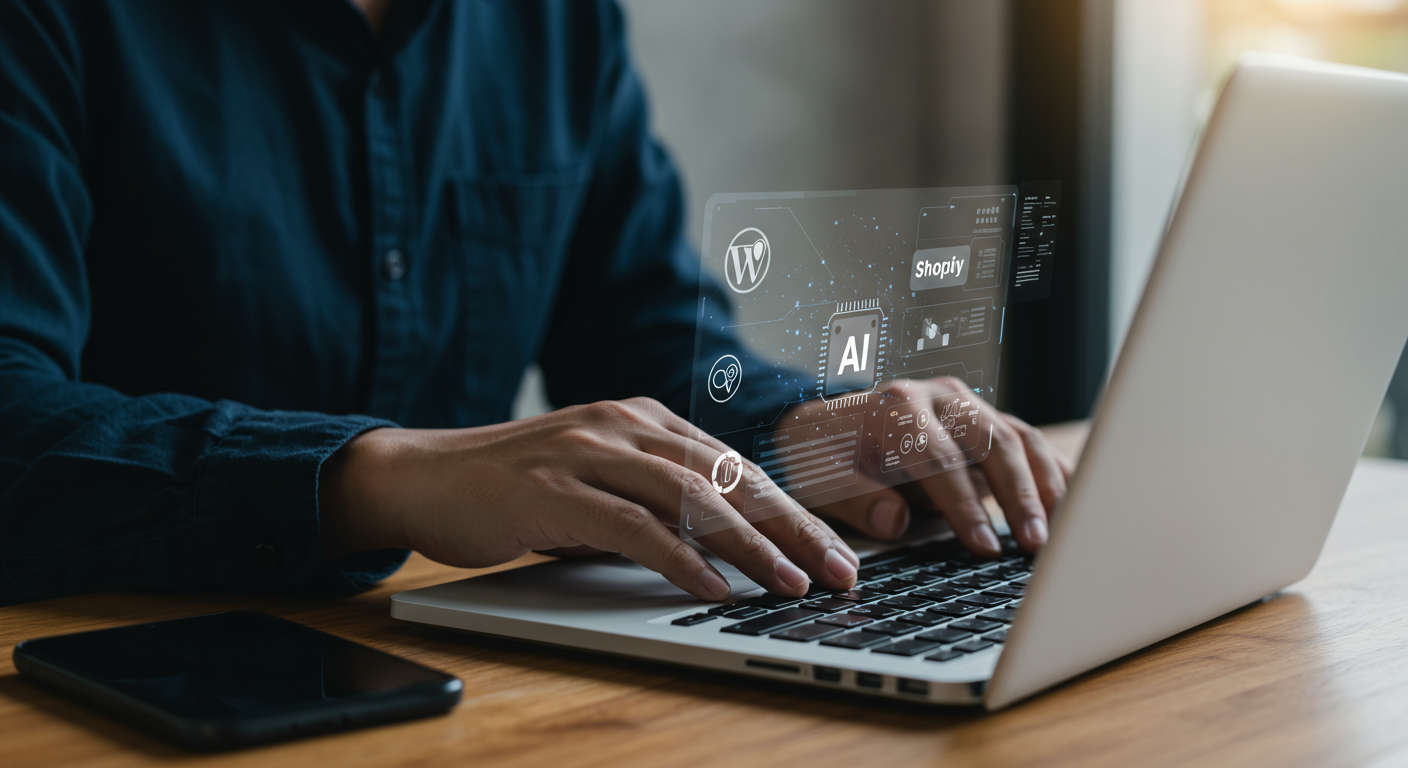 Small business owner using AI automation tools on a laptop, with WordPress and Shopify logos visible, representing no-code AI automation benefits for SMBs