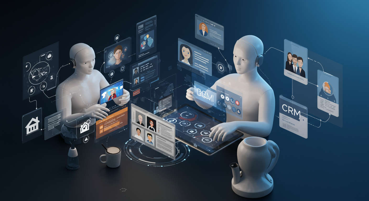 AI agents interacting with potential customers and CRM integration on digital devices, illustrating AI lead generation automation for startups