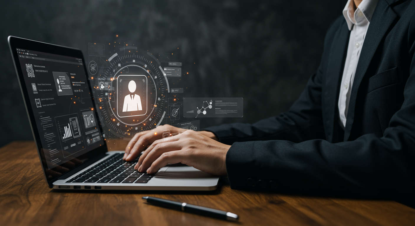 Small business owner using a laptop to onboard AI virtual employees on WordPress with a user-friendly no-code plugin interface, showing workflow automation and SEO content creation