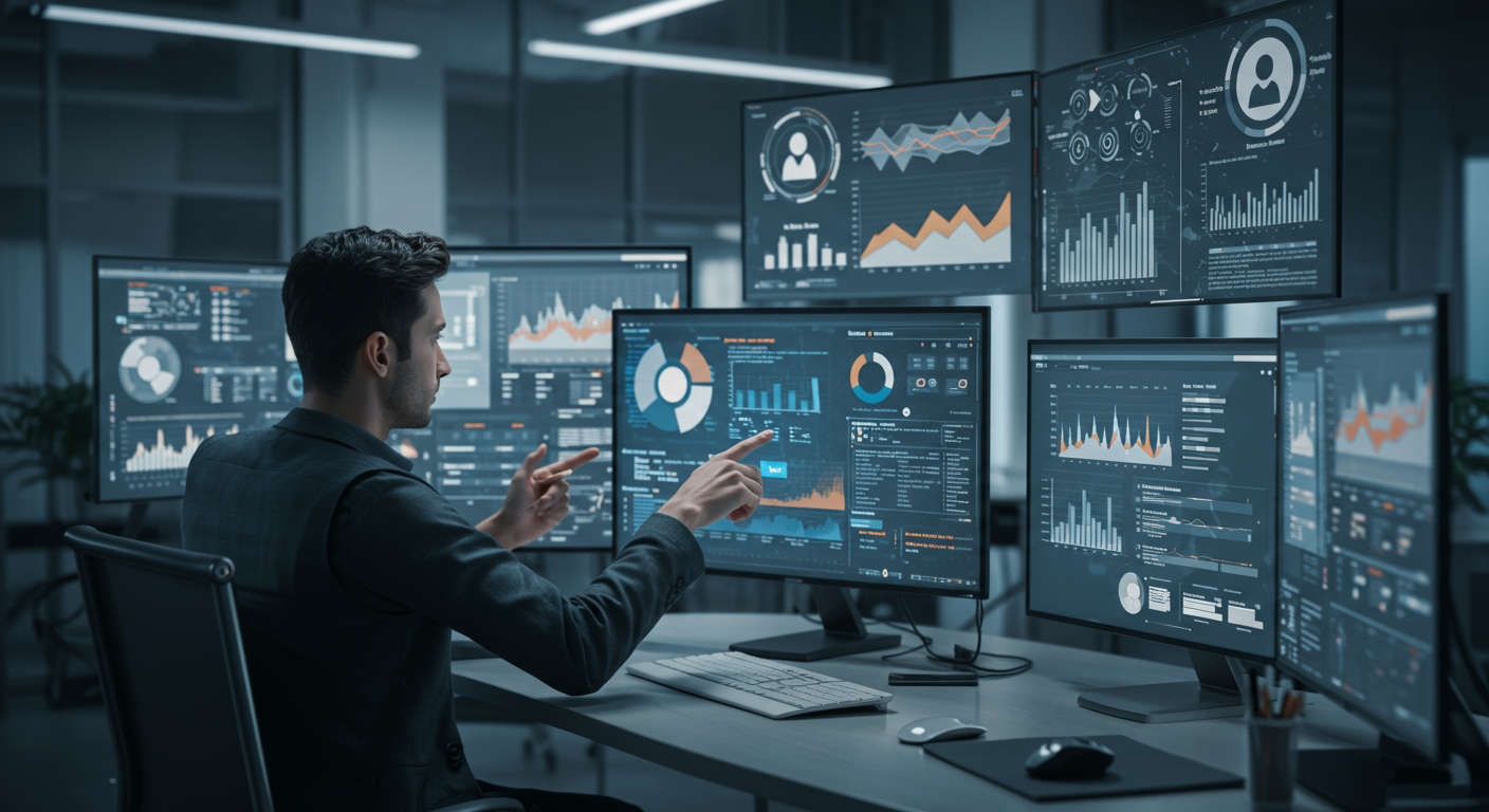 AI virtual employee analysing social media trends and competitor data, setting keyword preferences and brand voice for automated social media posts in a futuristic office environment.