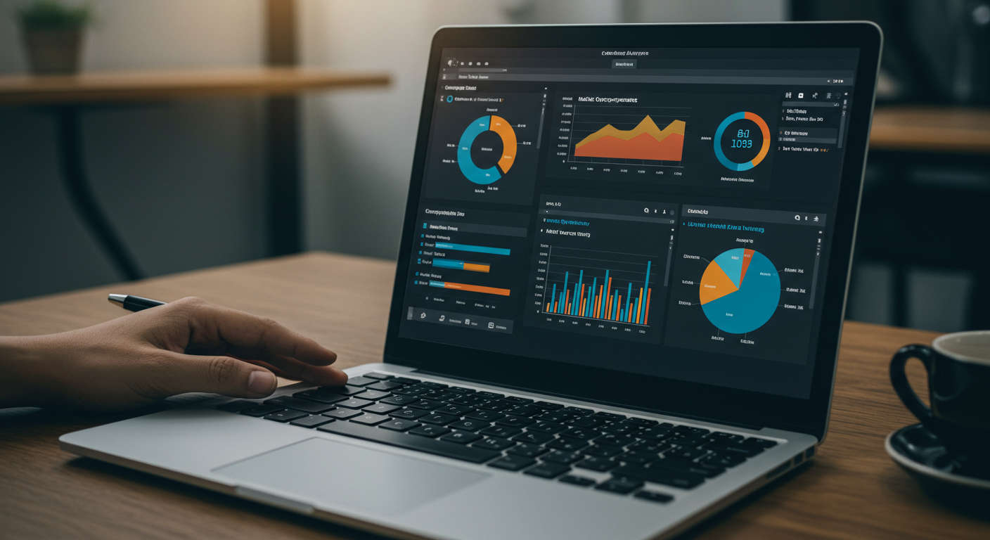 Dashboard view of an AI competitor analysis platform displaying competitor data, market opportunity parameters, keyword settings, and monitoring intervals with graphs and charts on a laptop screen.