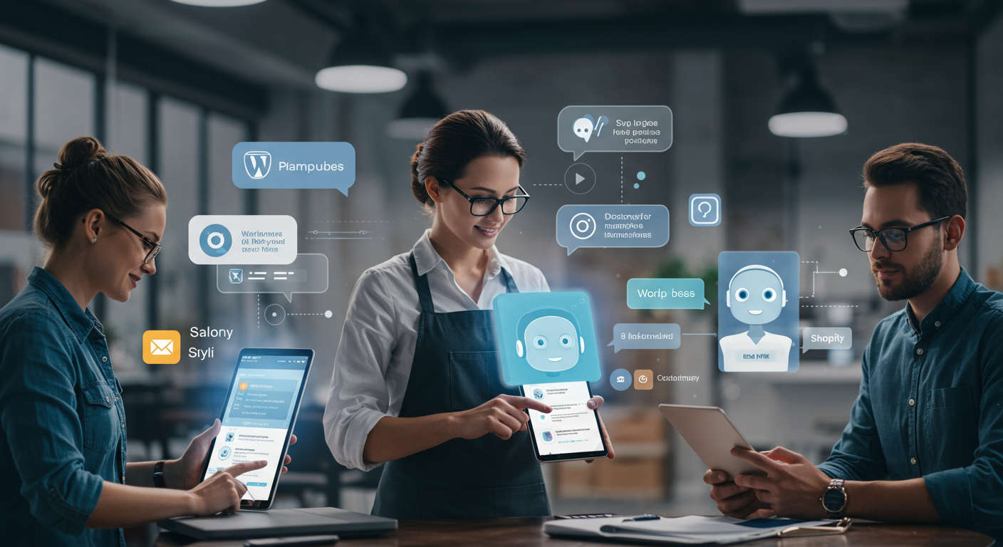 Diverse local service providers engaging with AI chatbots on devices, symbolising digital automation and customer engagement for small businesses and startups on WordPress and Shopify platforms.