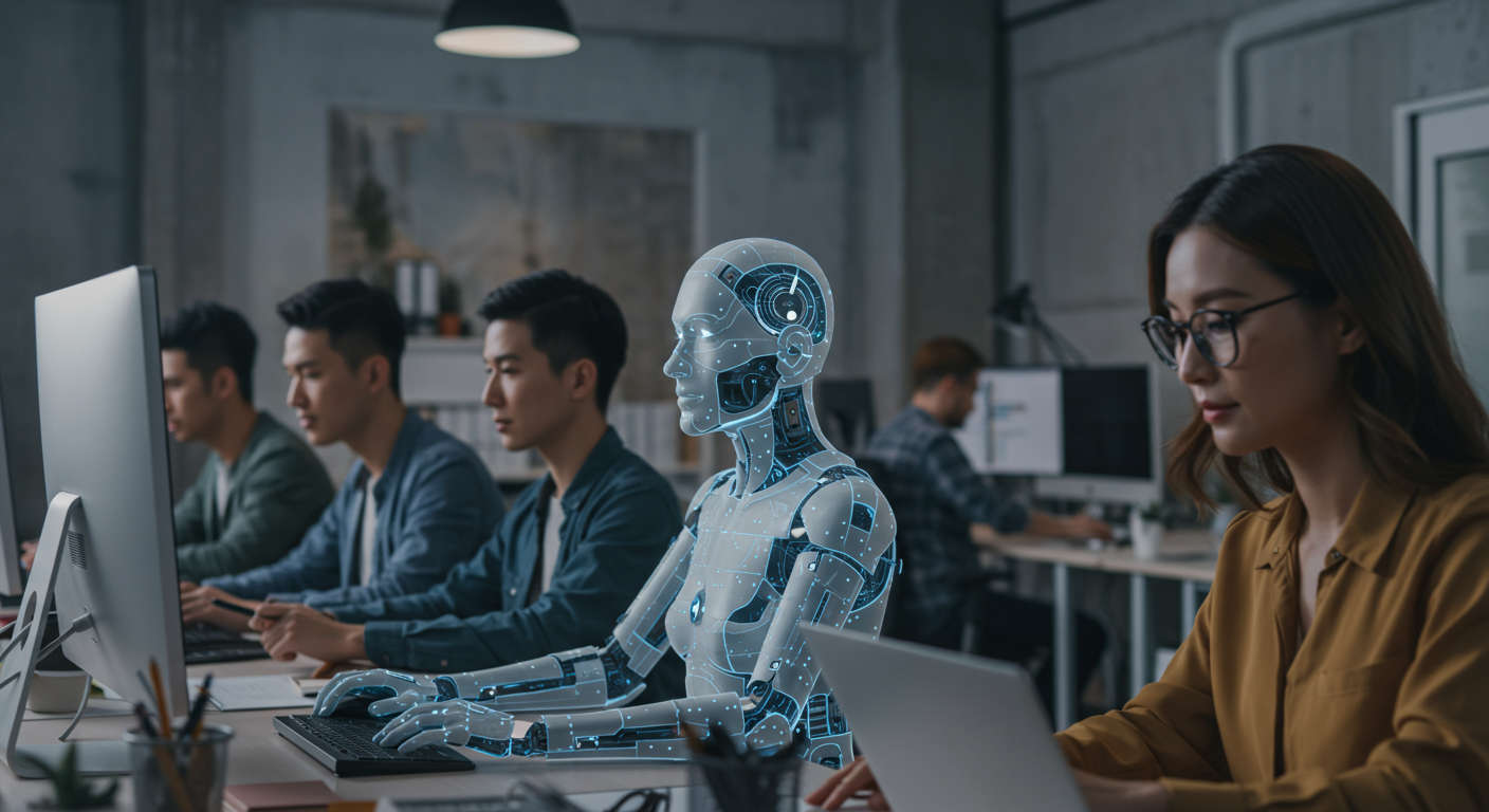 A modern small business office with a diverse team working alongside an AI virtual employee on computers, showcasing collaboration and automation in a startup environment