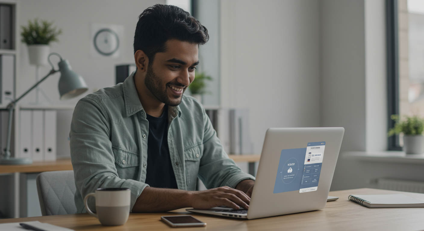 Small business owner easily setting up AI WordPress plugin on laptop, no-code interface, friendly and accessible environment, modern office background