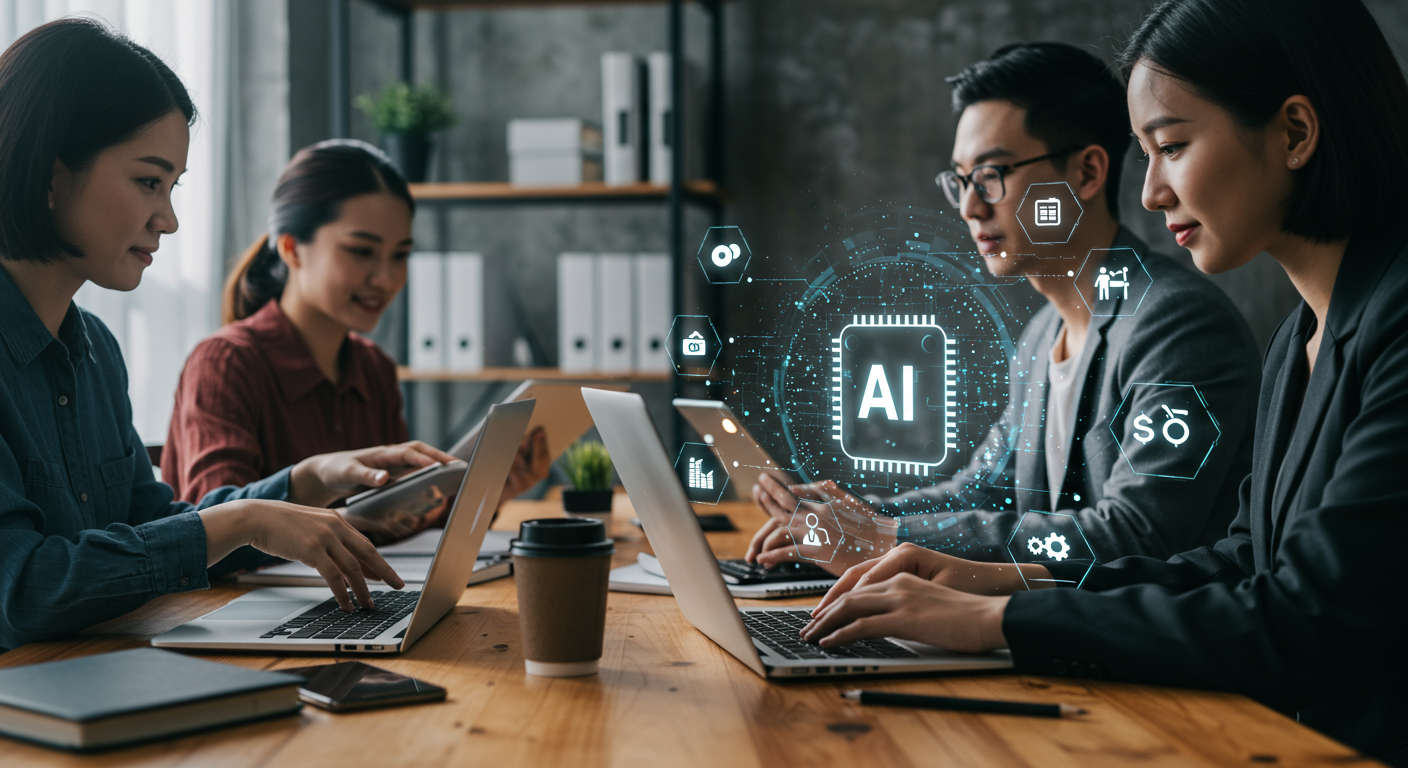 Diverse small business owners and startup entrepreneurs using AI technology with digital marketing icons symbolising lead generation and traffic growth in a modern office environment