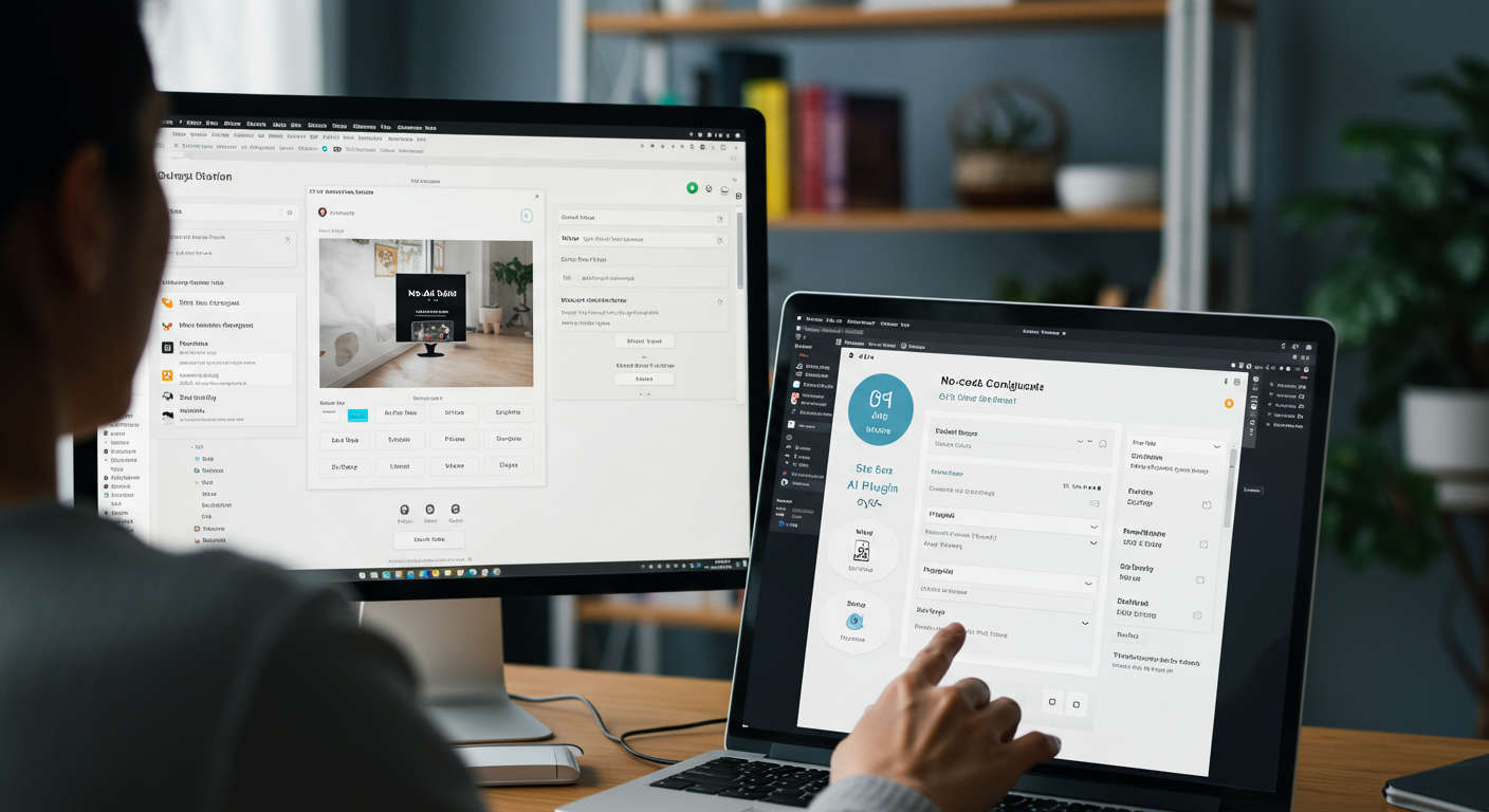 User installing and configuring no-code AI plugin on WordPress and Shopify with clean UI and step-by-step setup in digital workspace