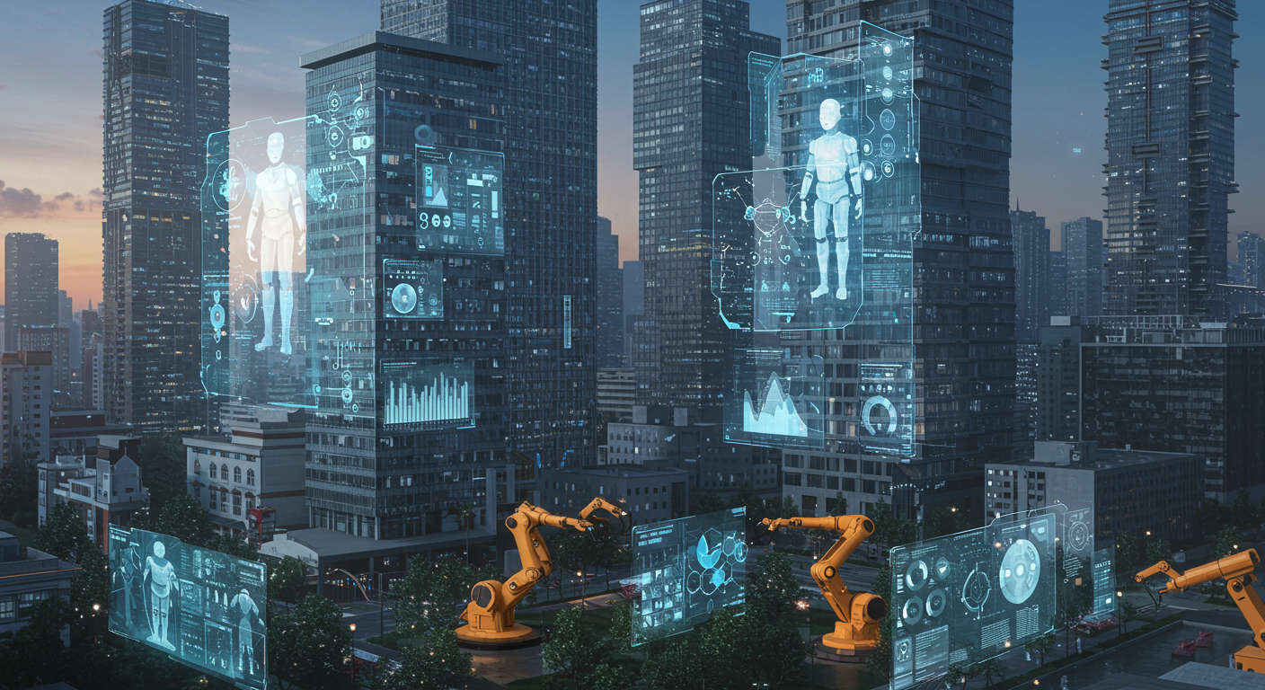 Futuristic cityscape with AI technology integration in various industries like retail, healthcare, manufacturing, showing robots, data analytics, and personalised customer service
