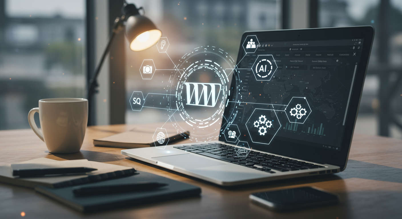 Modern office workspace with laptop showing WordPress dashboard and digital icons representing AI automation and SEO for small businesses and startups