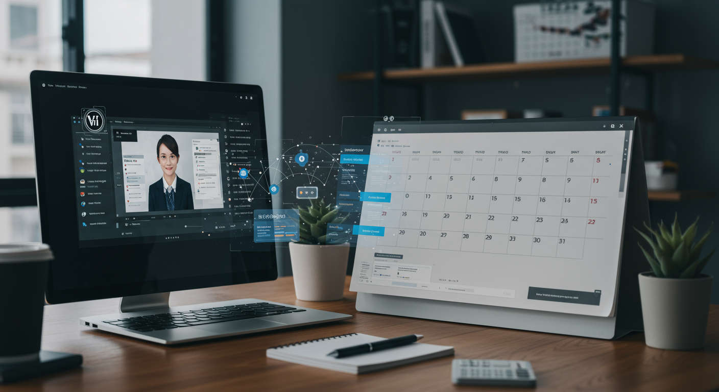 AI virtual employee autonomously creating and scheduling SEO blog posts on WordPress, digital workspace with calendar and SEO keywords, futuristic and efficient vibe
