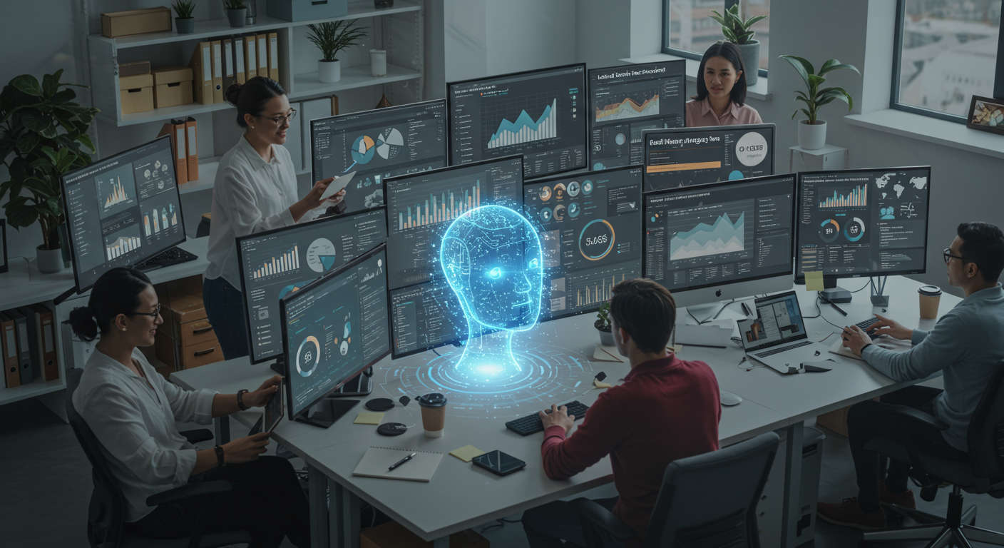 Local service provider and SaaS startup team collaborating with AI virtual employee automating lead capture, keyword research, and customer engagement on screens