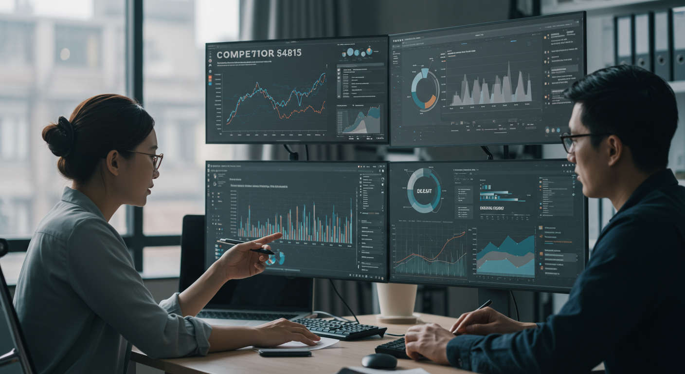 Small business owner analysing competitor data on multiple digital screens, showing charts, graphs, and market trends, modern office environment, diverse team, professional, technology-driven