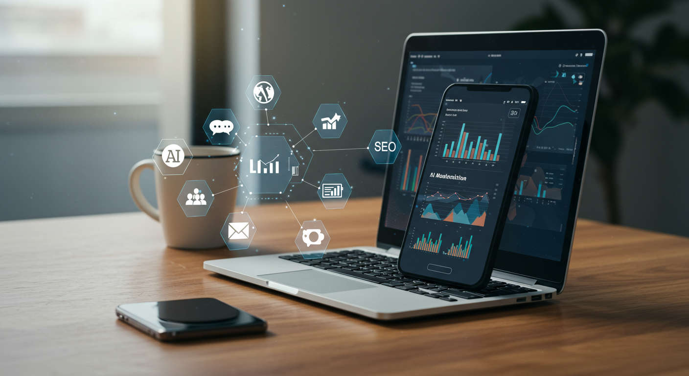 Modern workspace with laptop and smartphone showing AI automation dashboards, surrounded by icons for WordPress, Shopify, social media, email, and SEO, representing AI multi-channel automation for SMB growth