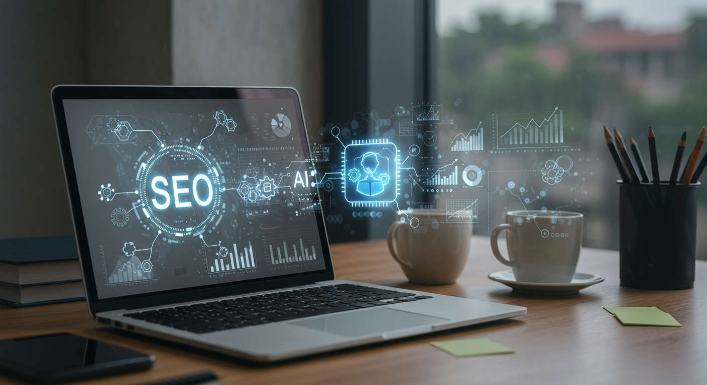 Modern office workspace with laptop showing SEO analytics and AI virtual assistant icons representing AI automation for SEO tasks in a professional setting for SMBs and startups