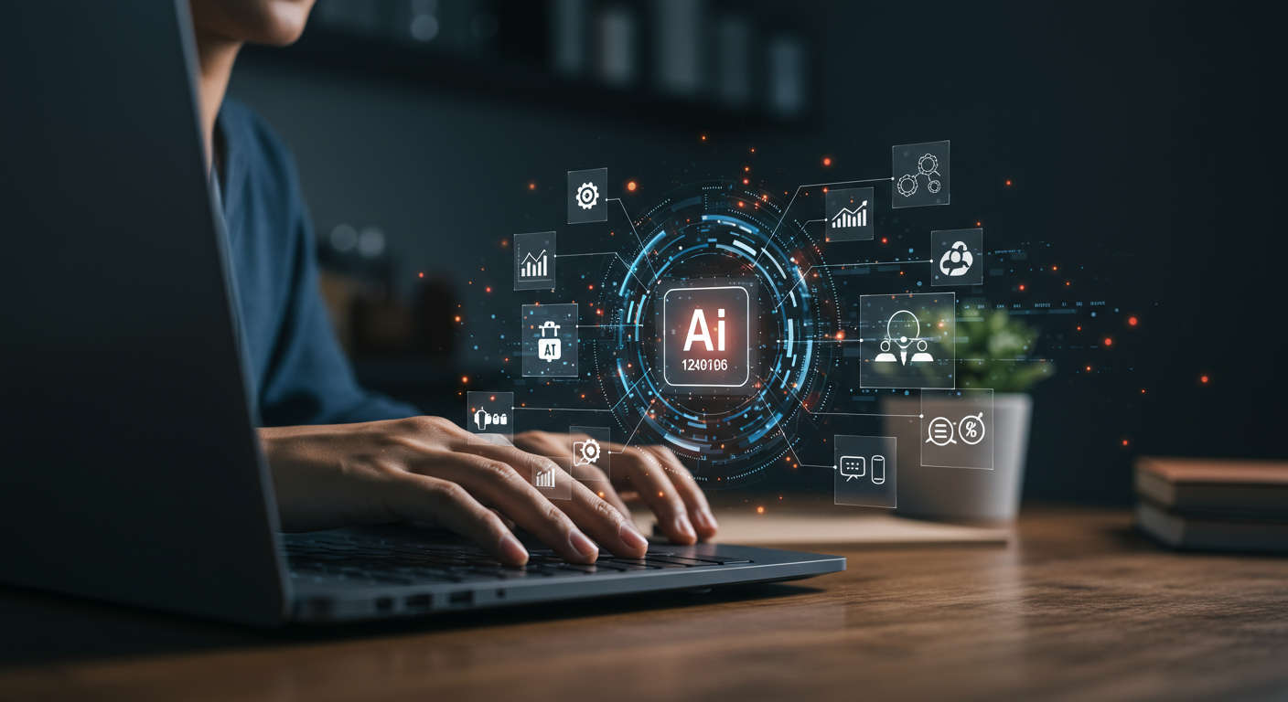 AI virtual employee working on a laptop with multiple digital marketing icons around, representing AI lead generation for SMBs in a modern office setting