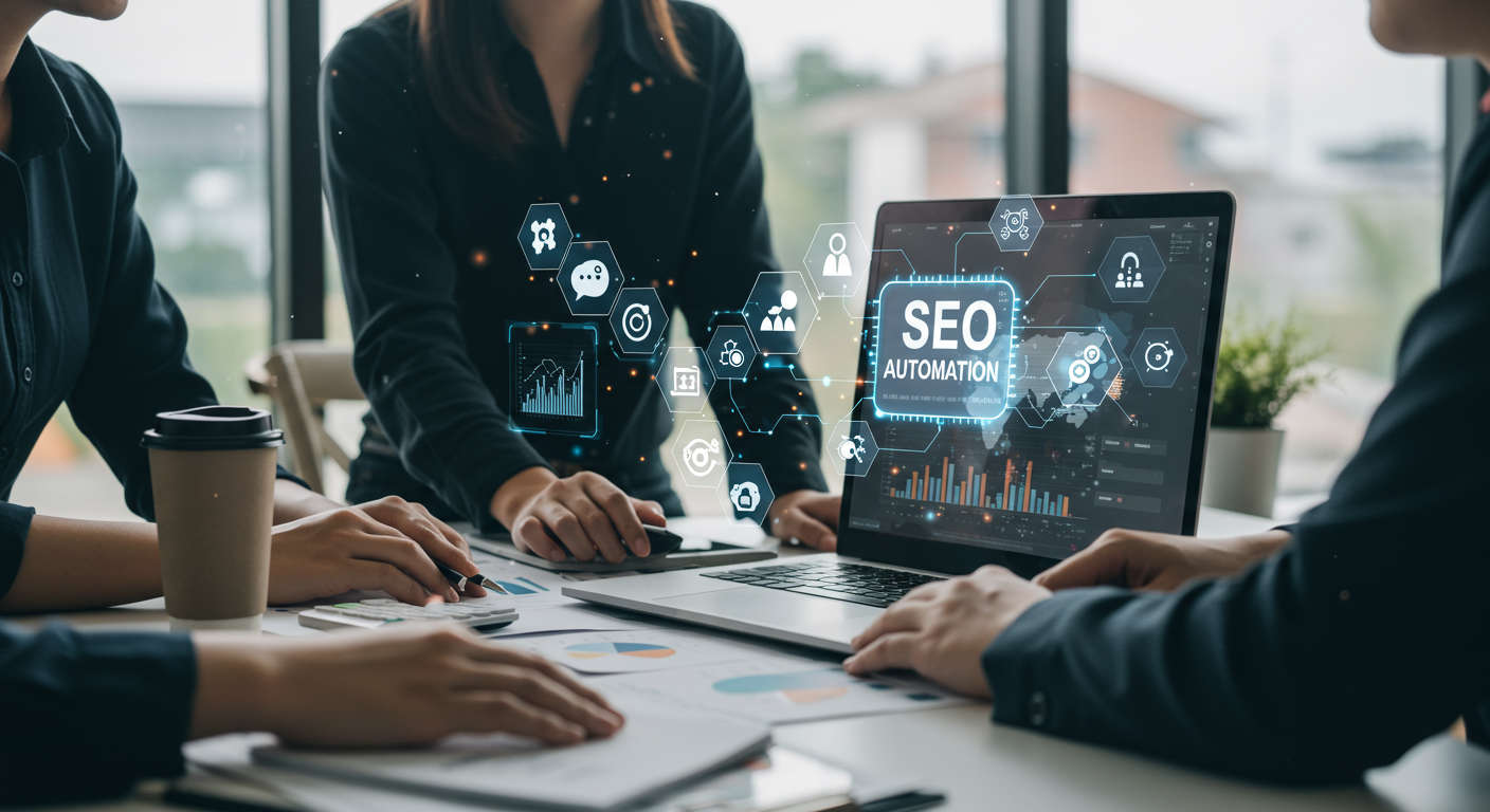 Modern small business office with laptop showing SEO analytics and AI automation software, diverse team collaborating with digital marketing icons, representing AI-powered daily SEO content automation for SMBs