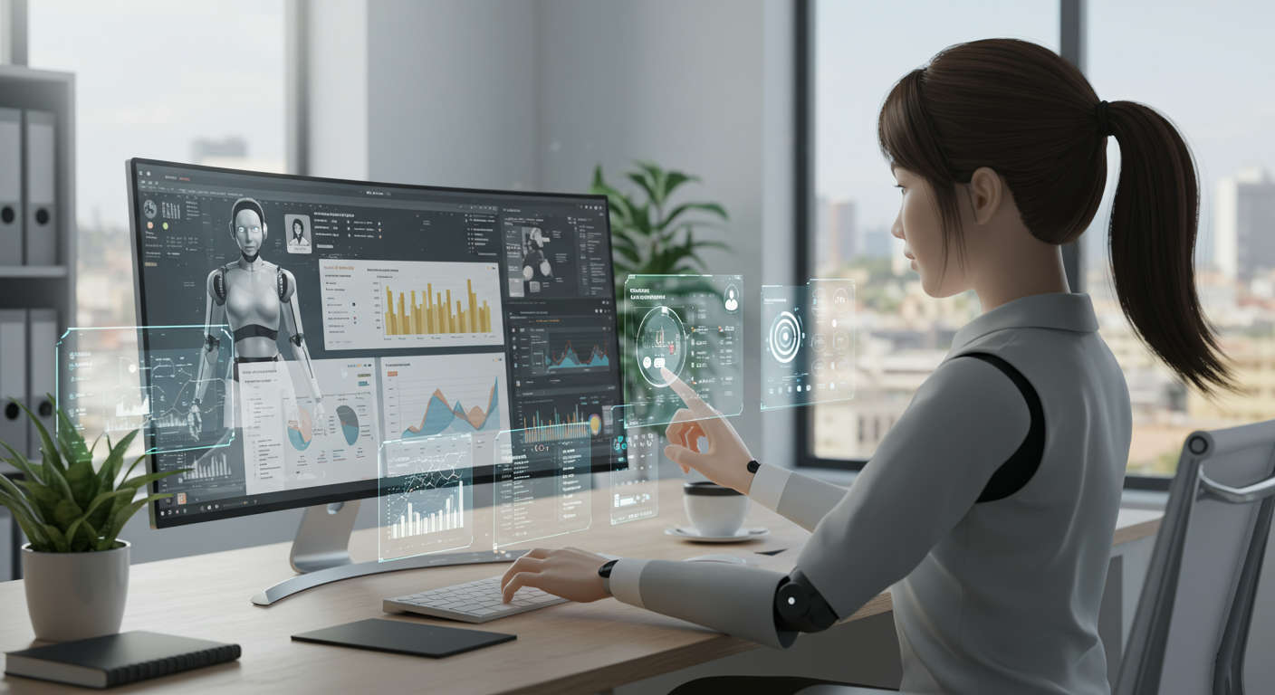 AI virtual employee working on marketing tasks for small businesses, showing automation and digital marketing elements, modern office background