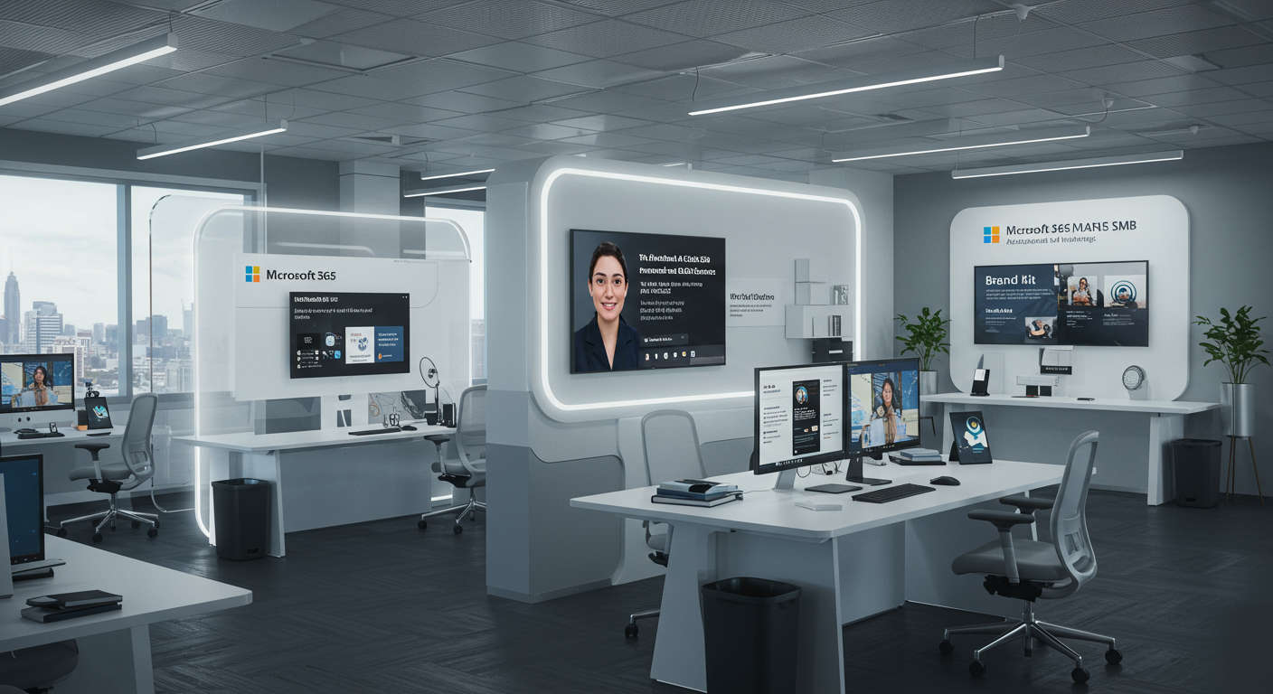 A futuristic office environment illustrating Microsoft Copilot SMB features with AI assistant helping in Microsoft 365 apps like Teams, Word, Excel, and Outlook, showing brand kit and business case builder on screens, sleek and tech-savvy atmosphere